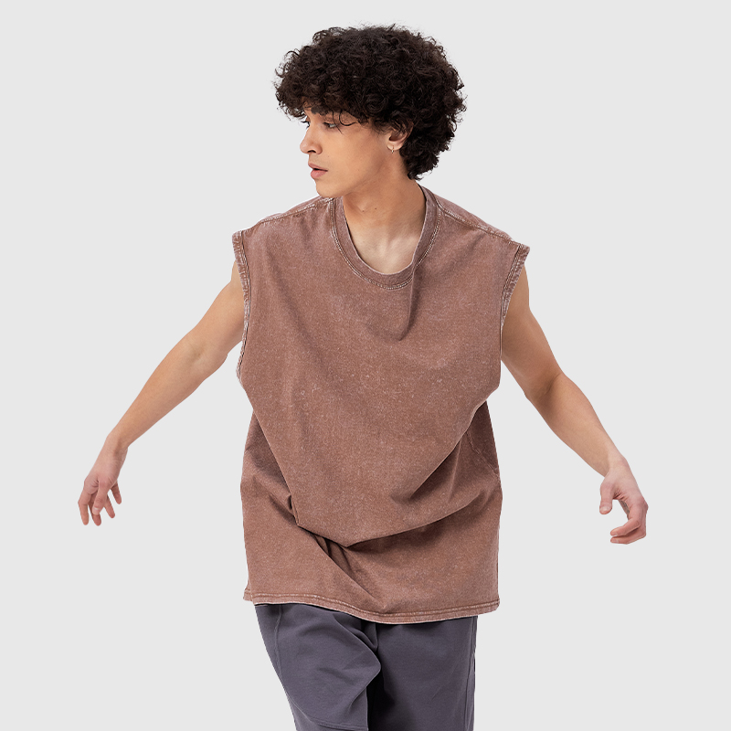 Wholesale Men's Summer Casual Street Style Loose Oversized Sleeveless Knitted T-Shirt Vest 100% Cotton Washed Technique - Image 4