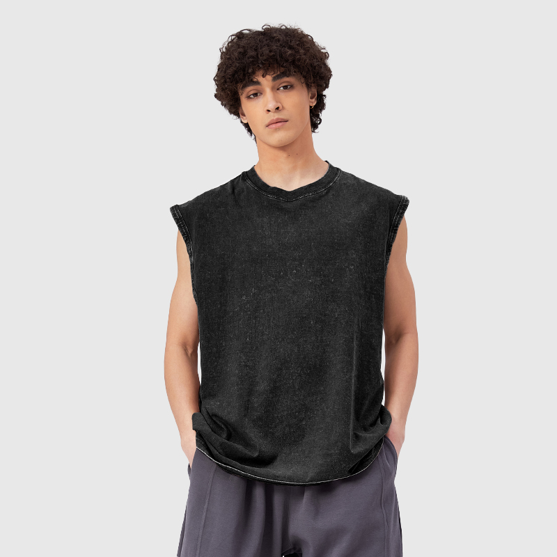 Wholesale Men's Summer Casual Street Style Loose Oversized Sleeveless Knitted T-Shirt Vest 100% Cotton Washed Technique - Image 5