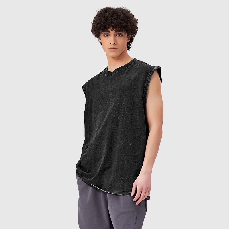 Wholesale Men's Summer Casual Street Style Loose Oversized Sleeveless Knitted T-Shirt Vest 100% Cotton Washed Technique