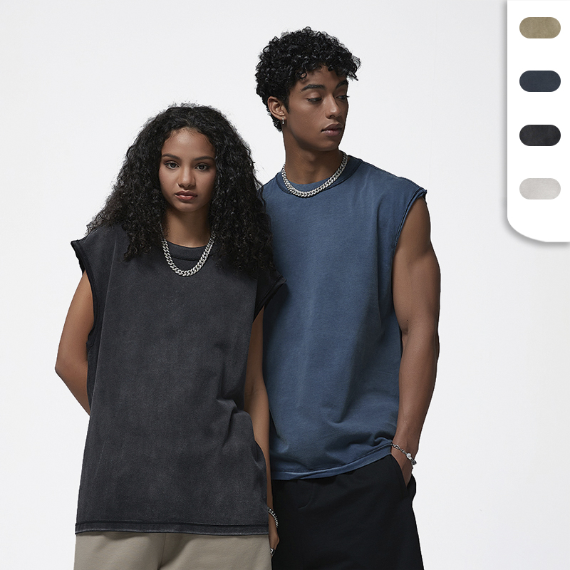 Custom Logo Breathable Sleeveless T Shirts 275gsm Cotton Man Tank Top Raw Edge Batik Sleeveless T-shirt Blank